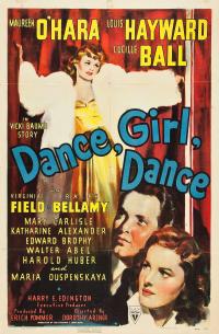 The film poster for 'Dance, Girl, Dance' featuring a vintage illustration of people watching a woman dance with red curtains surrounding her