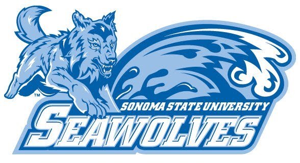 Graphic of blue Athletics Seawolf leaping over the words "Sonoma State University Seawolves"