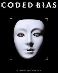 The 'Coded Bias' film poster featuring a white mask with crop marks around it in front of an all-black background