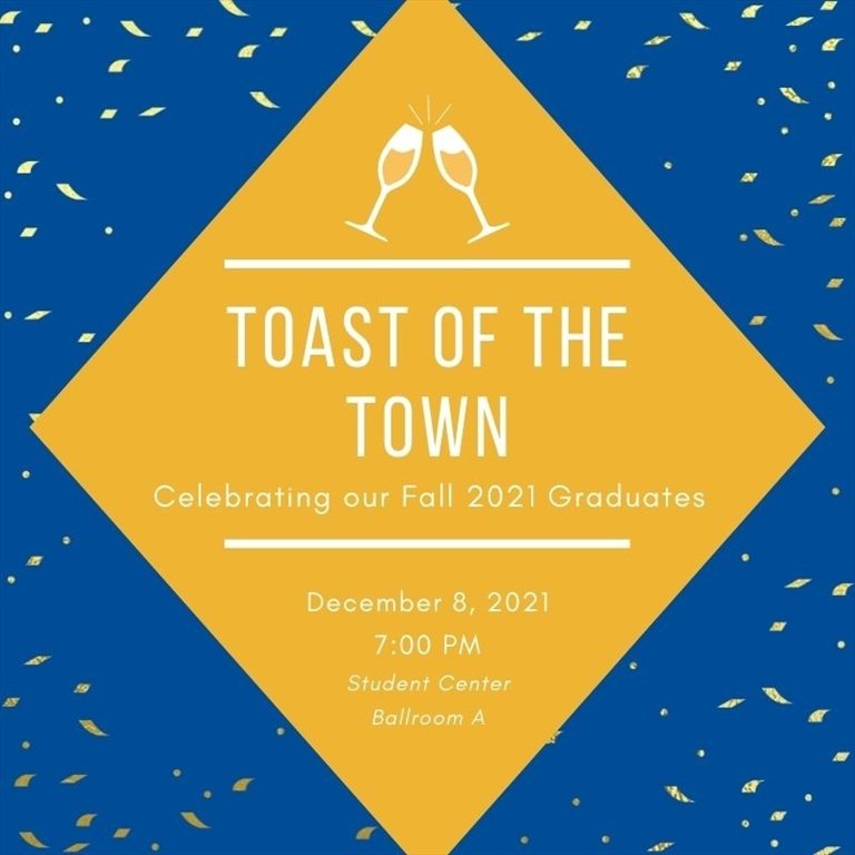 The blue and yellow flyer for Toast of the Town featuring the title, date, time, and location of the event 