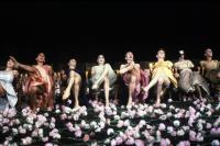 A row of people sitting with their legs crossed with flowers surrounding them