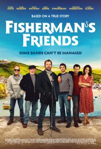 The film poster for 'Fisherman's Friends' featuring a line of 6 people posing 