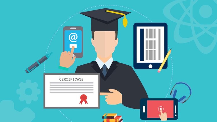 A graphic illustration of a graduate pointing to their diploma in front of a blue background