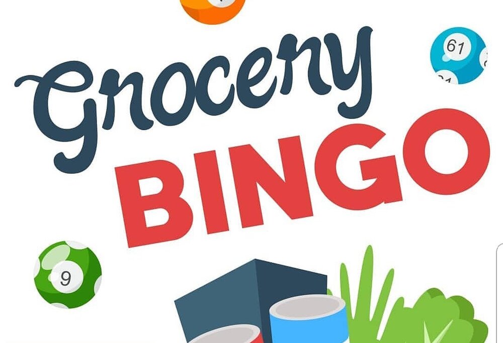A multi-colored graphic illustration of bingo balls, a grocery bag full of groceries, and the words 'Grocery BINGO'