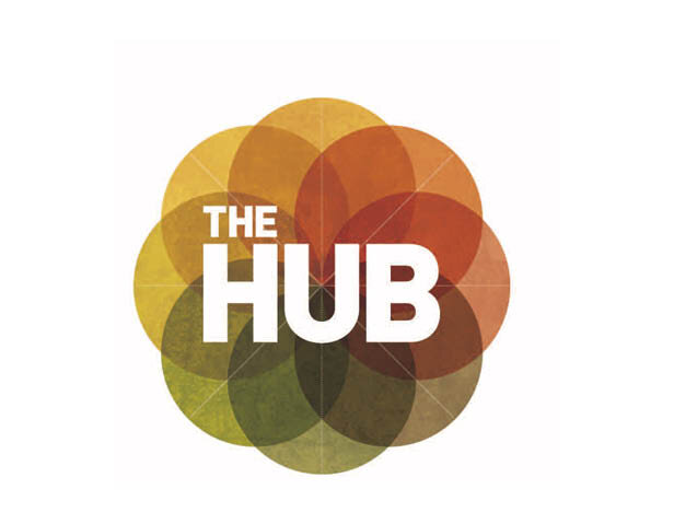 The HUB logo featuring transparent earth-toned circles combined to make a flower-like mandala