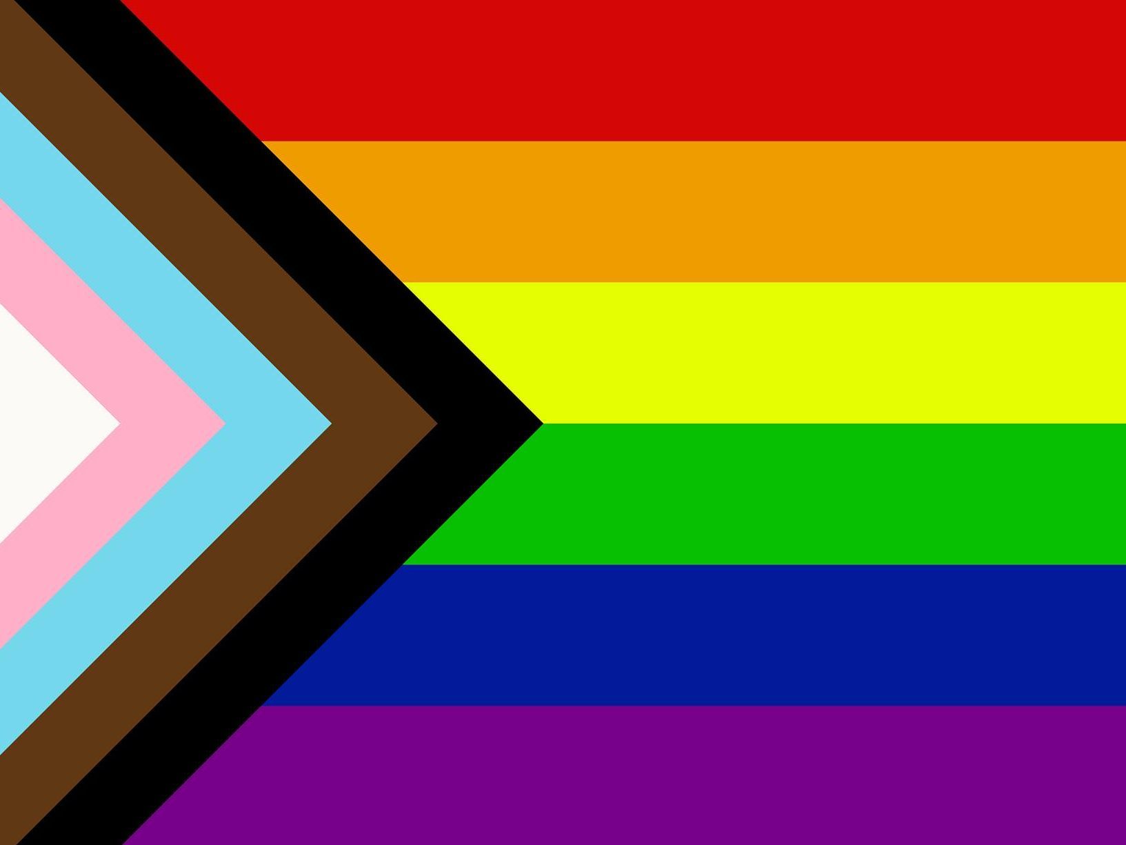 The LGBTQA flag, featuring the colors white, pink, light blue, brown, black, red, orange, yellow, green, blue, and purple