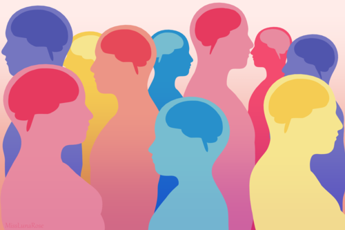 A graphic illustration of several multicolored transparent human silhouettes with their brains exposed