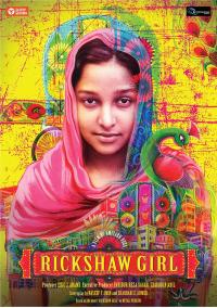 The film poster for 'Rickshaw Girl' featuring a colorful illustration of a girl and a peacock