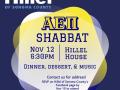 The navy blue and yellow flyer for AEPi Shabbat event on Nov. 12 at 6:30pm at the Hillel House