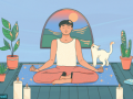 Illustration of person meditating surrounded by candles, plants, and a cat