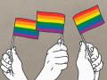 Graphic illustration of three hands holding Queer Pride flags 