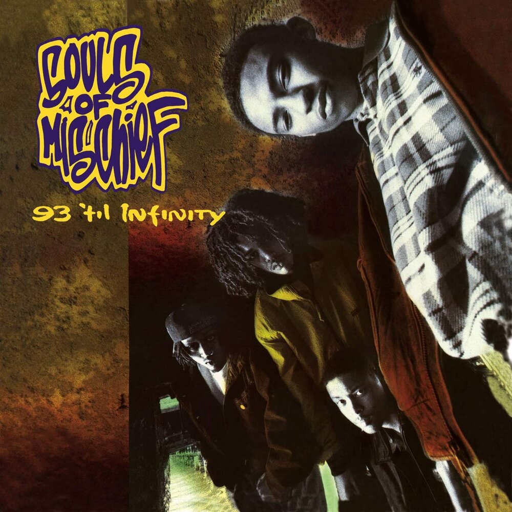 The album cover of the group 'Souls of Mischief' featuring their portraits, a texture background, and the words 'Souls of Mischief' in purple and yellow words
