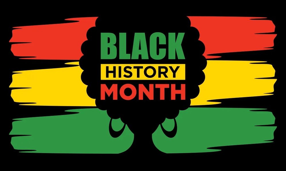 'Black History Month' graphic featuring red, yellow, and red stripes and the silhouette of someone's head