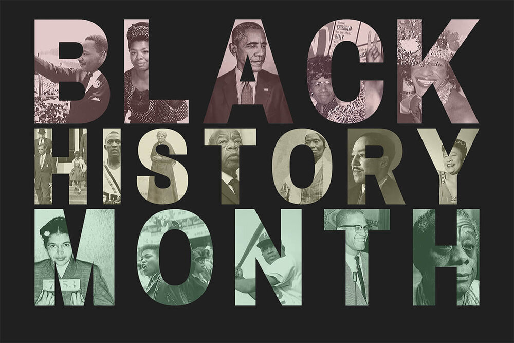The words 'Black History Month' with images of historical figures inside of the letters in front of a black background