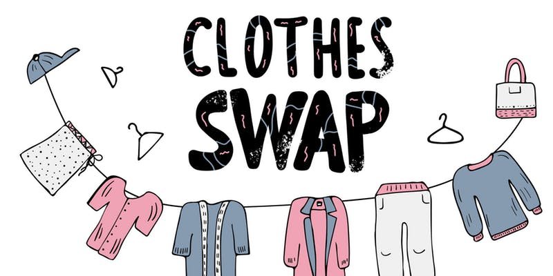 An illustration of clothes on a clothing line with the words 'Clothes Swap'