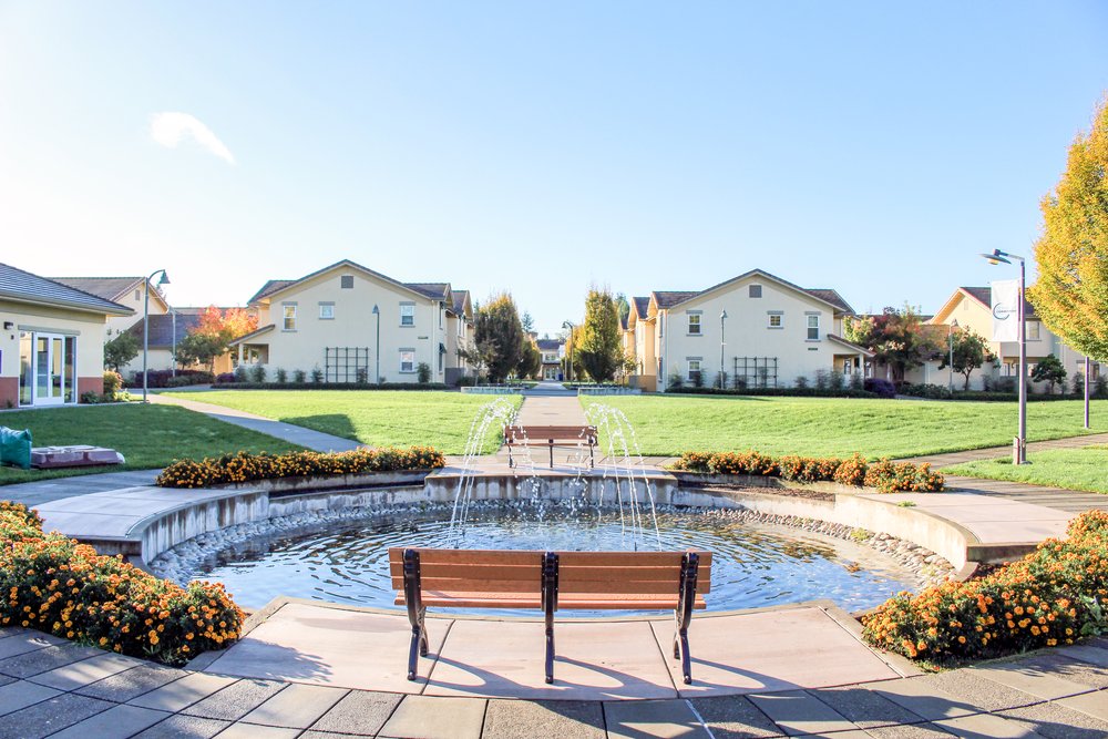 A fountain, bench, and dorm buildings on the Sonoma State campus 