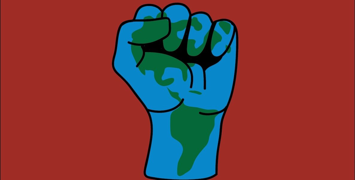 A graphic illustration of a raised fist with earth's continents inside of it