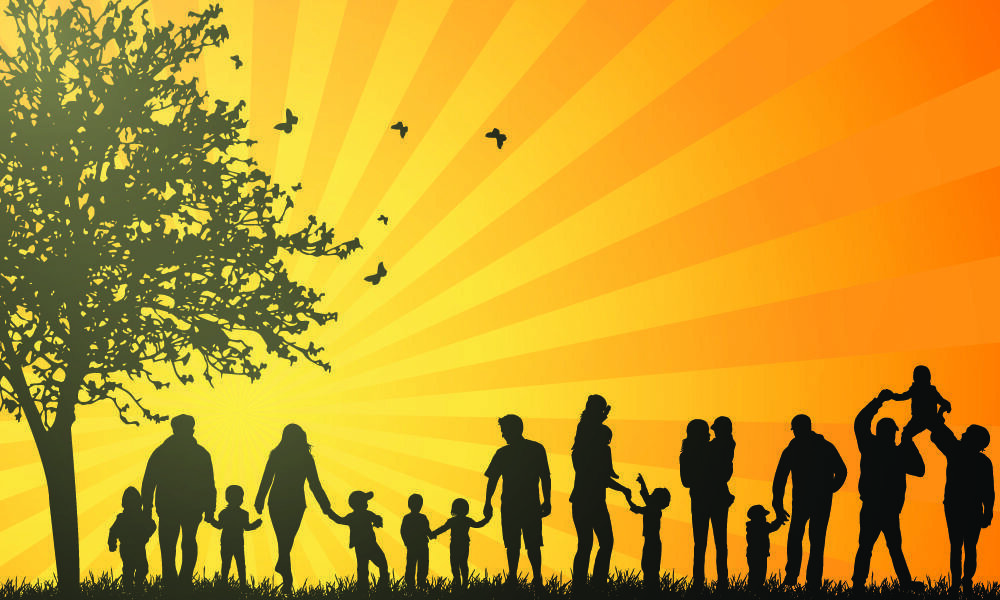 Graphic of the silhouette of a large family in front of a sunset