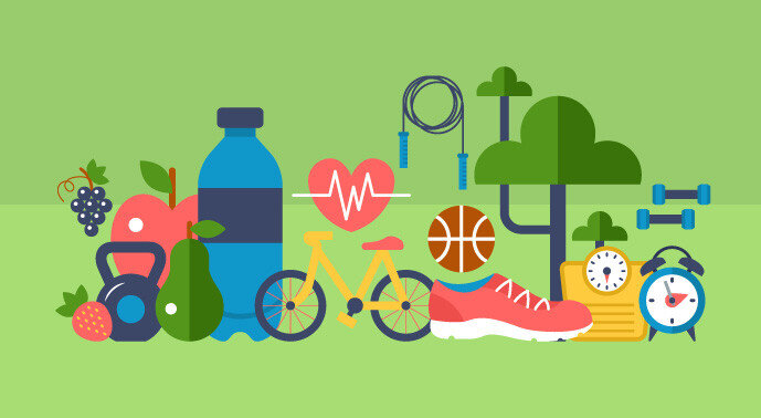 A graphic illustration of health and wellbeing icons including a water bottle, fruit, trees, a bicycle, a heart, and sports equipment. 