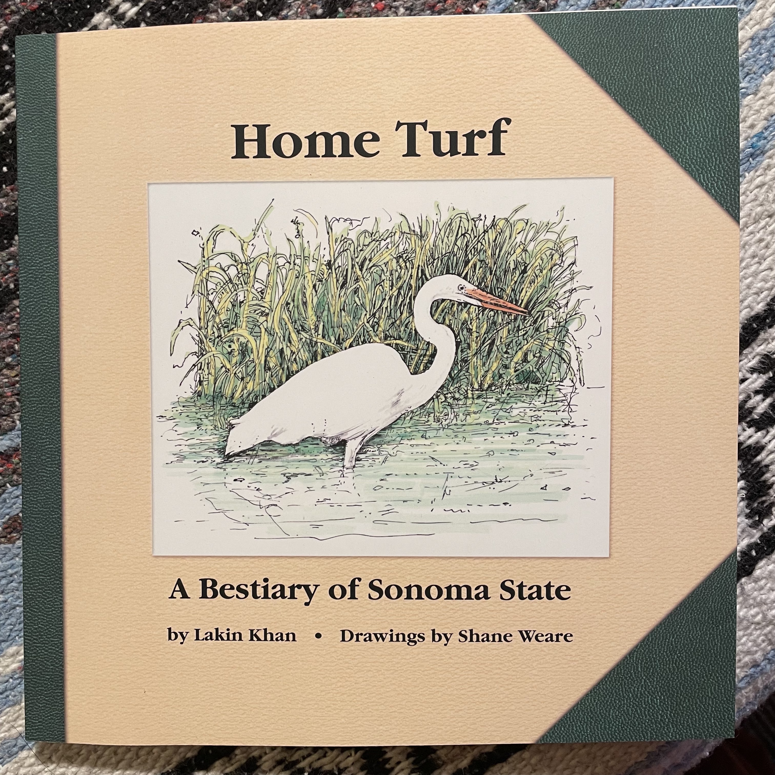 The book cover for 'Home Turf' featuring an illustration of a white crane in a marshland