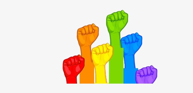 A graphic of rainbow colored fists 