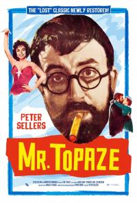 Movie poster for Mr. Topaze featuring a portrait of a man with circular glasses, a beard, and a cigarette in his mouth
