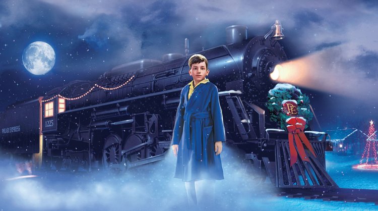 A still from the film 'Polar Express' featuring a person standing in front of a train