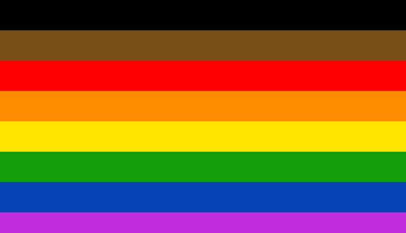 The LGBTQIA flag, featuring the colors brown, black, red, orange, yellow, green, blue, and purple