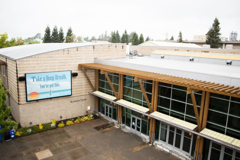 An aerial view of Seawolf Plaza and Campus Recreation