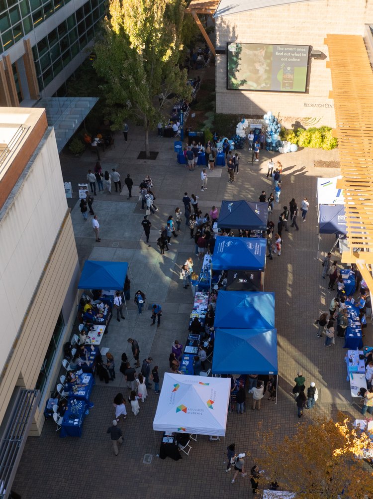 An aerial view of an event occurring in the Seawolf Plaza