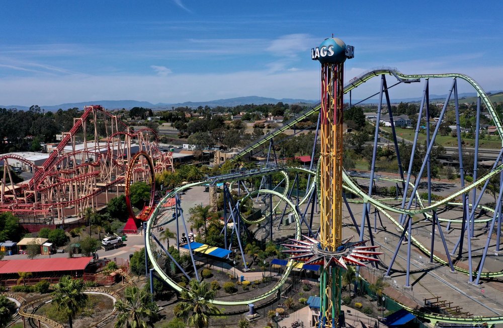 An aerial view of the rides at Six Flags Amusement Park