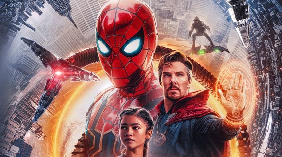 The film poster for 'Spider Man No Way Home' featuring artwork of the Spider Man characters