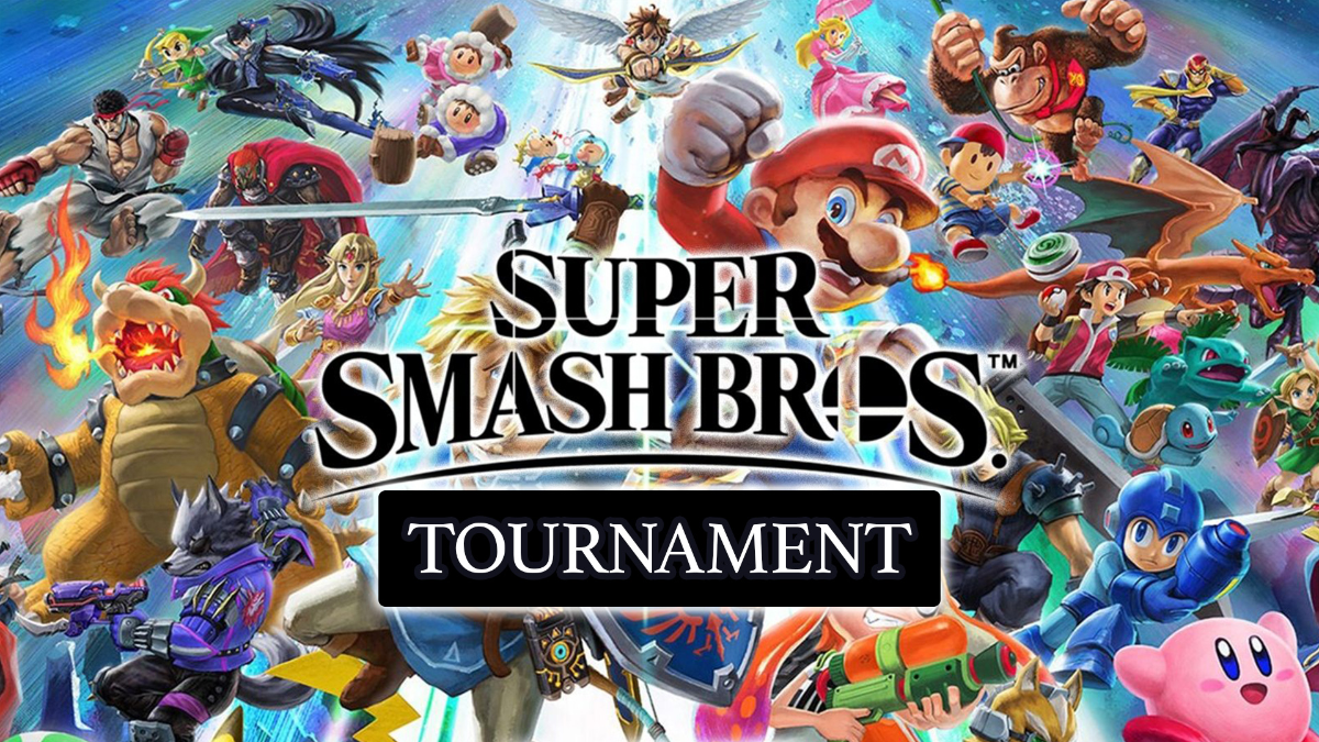 A graphic illustration of Super Smash Bros characters batting behind the words 'Super Smash Bros Tournament'