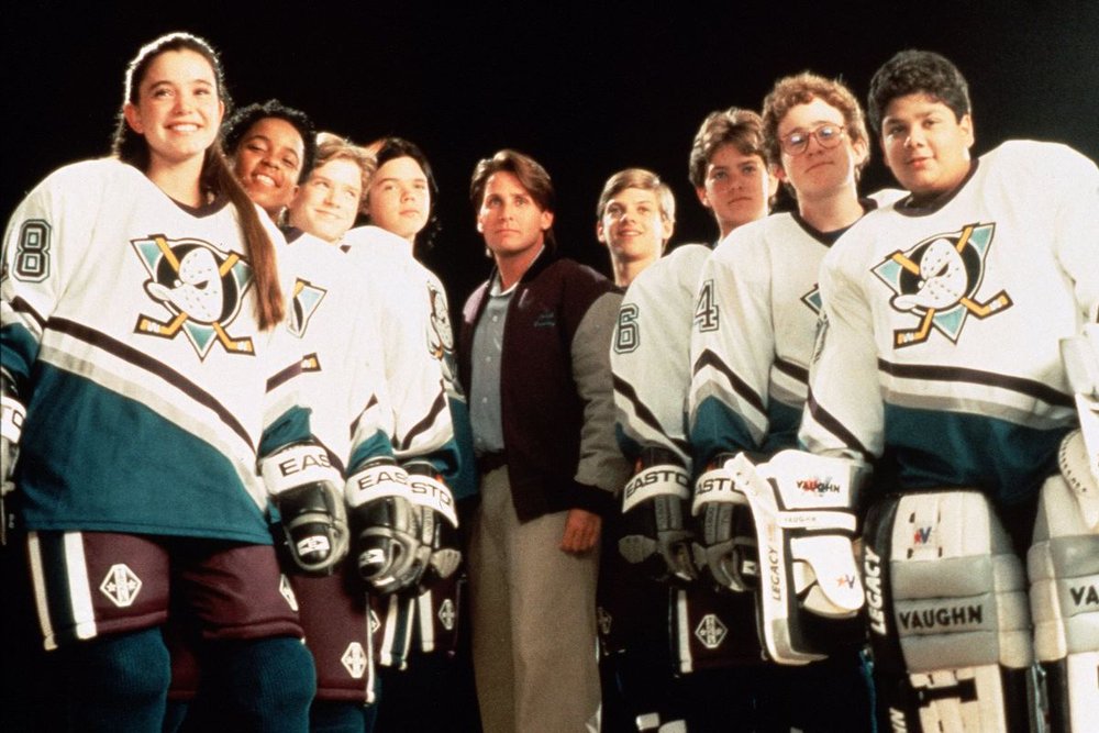 The characters of 'The Mighty Ducks' posing in their hockey uniforms
