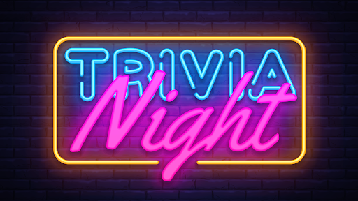A blue, yellow, and magenta graphic of a neon sign with the words 'Trivia Night' 