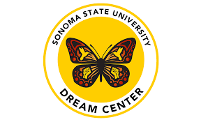 The Sonoma State University Dream Center Logo featuring a red, orange, and yellow butterfly with hummingbirds and raised fists hidden in the wing details