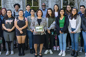 President Sakaki with students lined up around her