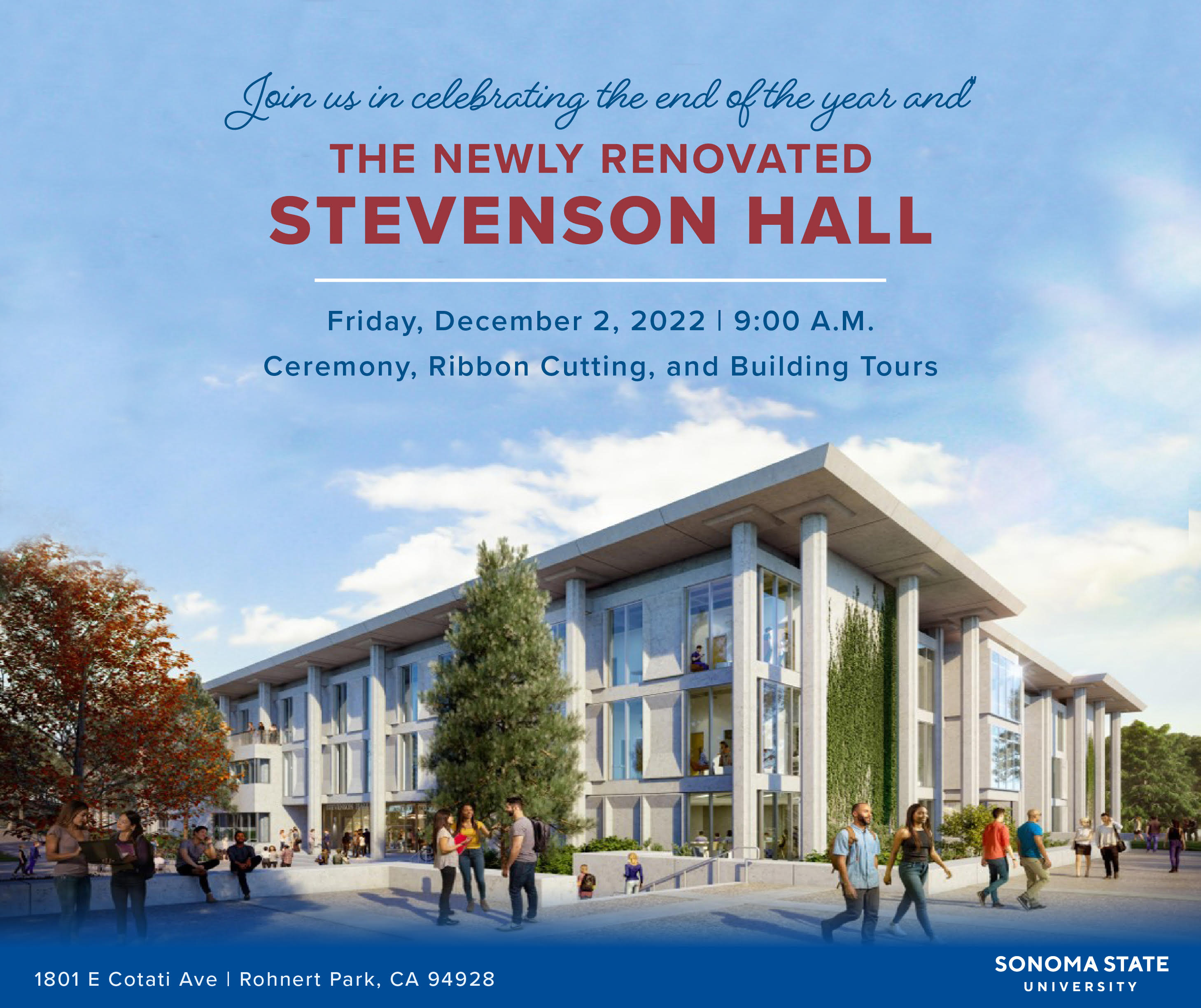 Flyer for the Stevenson Hall Ribbon Cutting featuring event information 