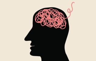 Illustration of a silhouette of a head with pink scribbles in the shape of a brain