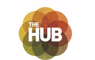 The HUB logo featuring transparent earth-toned circles combined to make a flower-like mandala