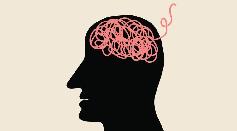 Illustration of a silhouette of a head with pink scribbles in the shape of a brain