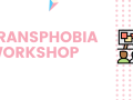 The Transphobia Workshop logo featuring an icon of 3 people watching another person present information on a board
