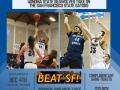 Flyer graphic for Alumni Day featuring event information and action photographs of people playing basketball