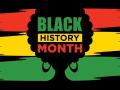 'Black History Month' graphic featuring red, yellow, and red stripes and the silhouette of someone's head