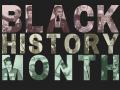 The words 'Black History Month' with images of historical figures inside of the letters in front of a black background
