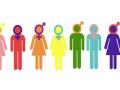 Multiple rainbow colored figures and gender symbols