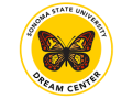 The Sonoma State University Dream Center Logo featuring a red, orange, and yellow butterfly with hummingbirds and raised fists hidden in the wing details