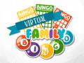 A graphic illustration of colorful BINGO cards and balls with the words 'Virtual Family Bingo'