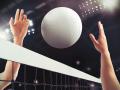 Two hands reaching above a volleyball net to hit a volleyball