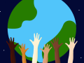A graphic illustration of several hands of different skin tones holding up the earth.